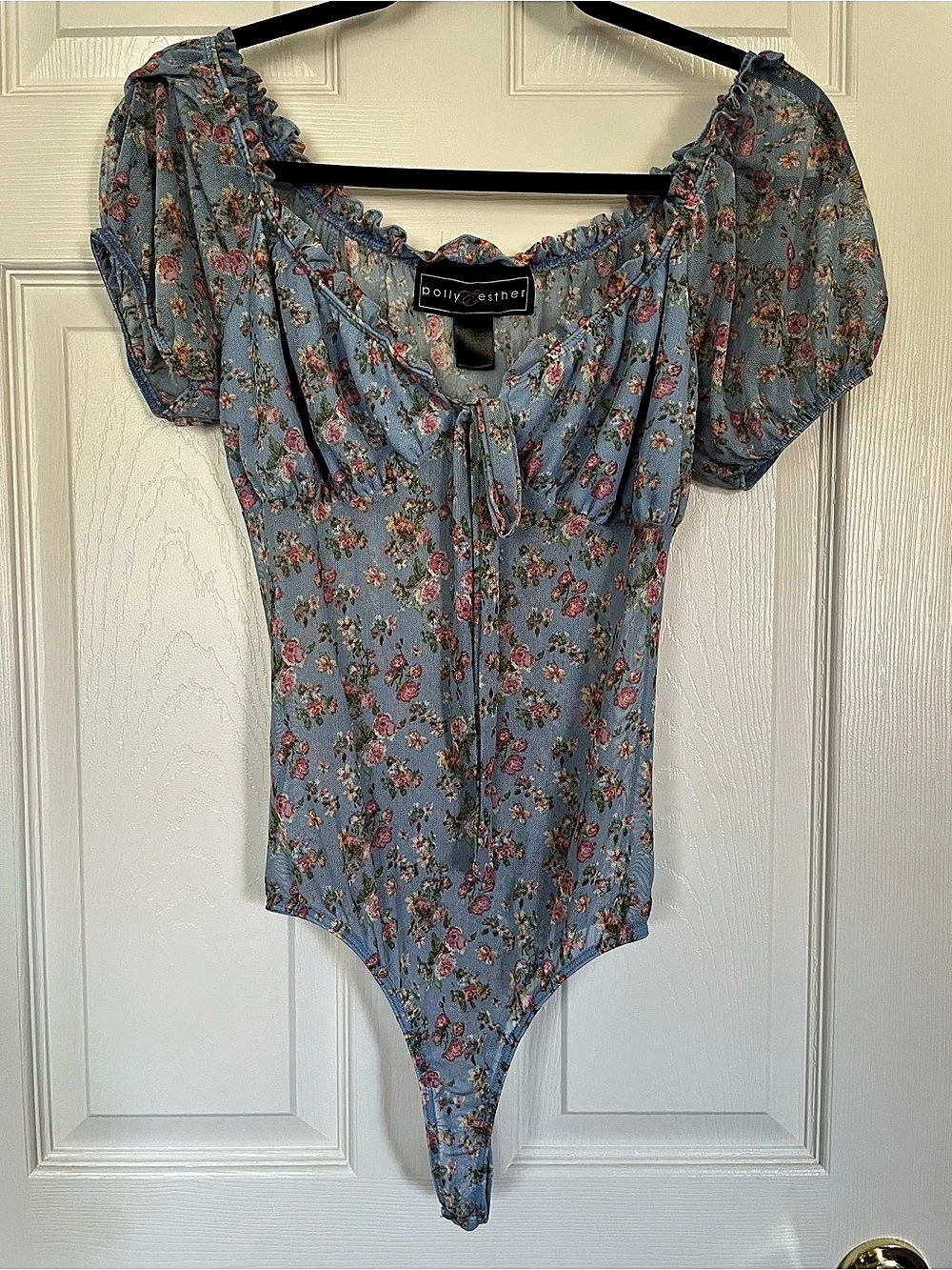 Floral Puff Sleeve Bodysuit in Blue & Pink Like New